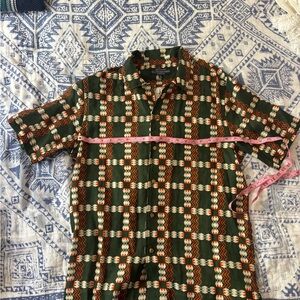 J. Peterman Olive and Orange Geometric Short-Sleeve Button-Up